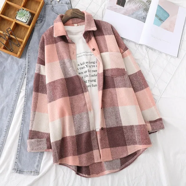 Nukty Spring New Women Big Plaid Full Sleeve Thick Warm Woolen Shirt Jacket Winter Oversize Tops Stylish Girl Casual Outwear T0N444T