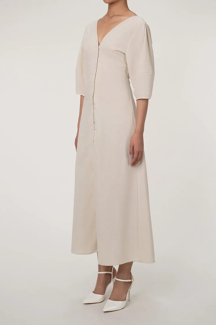 Ralaxed V Neck Button Up Puff Sleeve Linen Blend Midi Dress - Off White