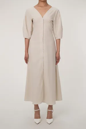 Ralaxed V Neck Button Up Puff Sleeve Linen Blend Midi Dress - Off White