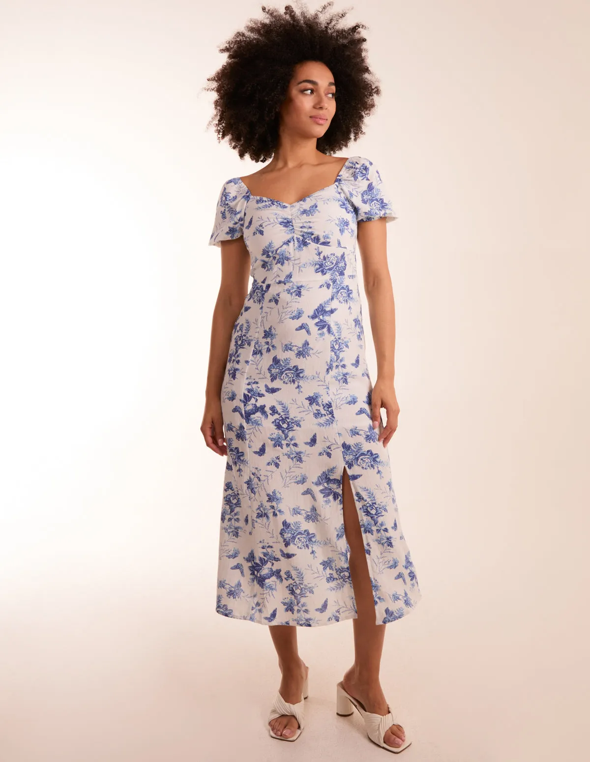 Ruched Bust Milkmaid Puff Sleeve Midi Dress With Side Split