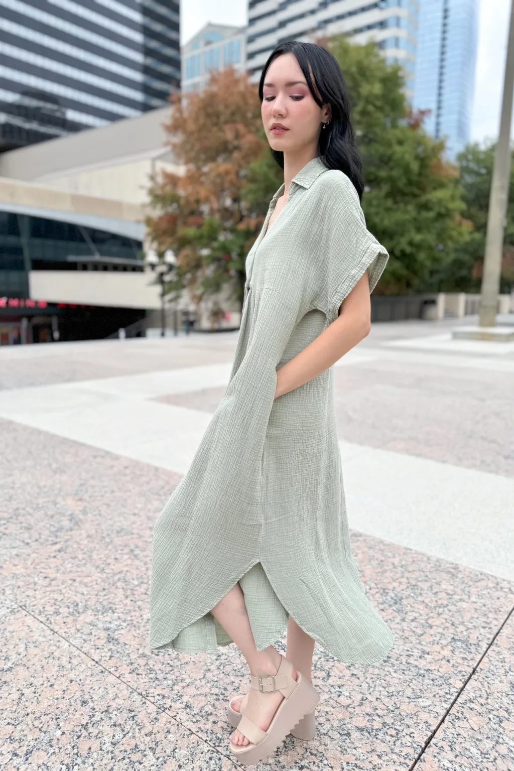 Sage Mineral Wash Collard Button Down Midi Dress