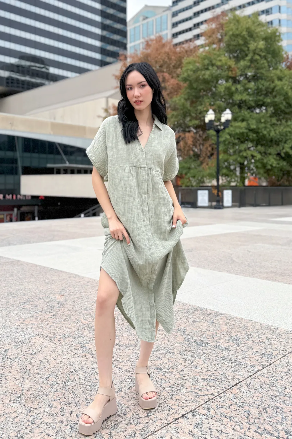 Sage Mineral Wash Collard Button Down Midi Dress