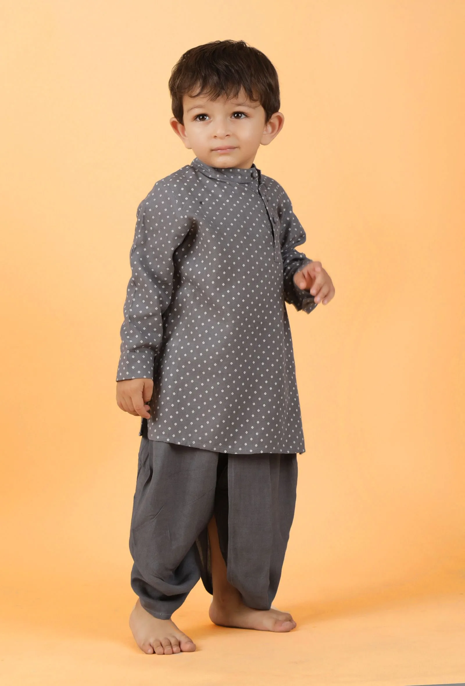 Set Of 2: Caleb Dark Grey Bandhani Rayon Kurta & Grey Dhoti Pants