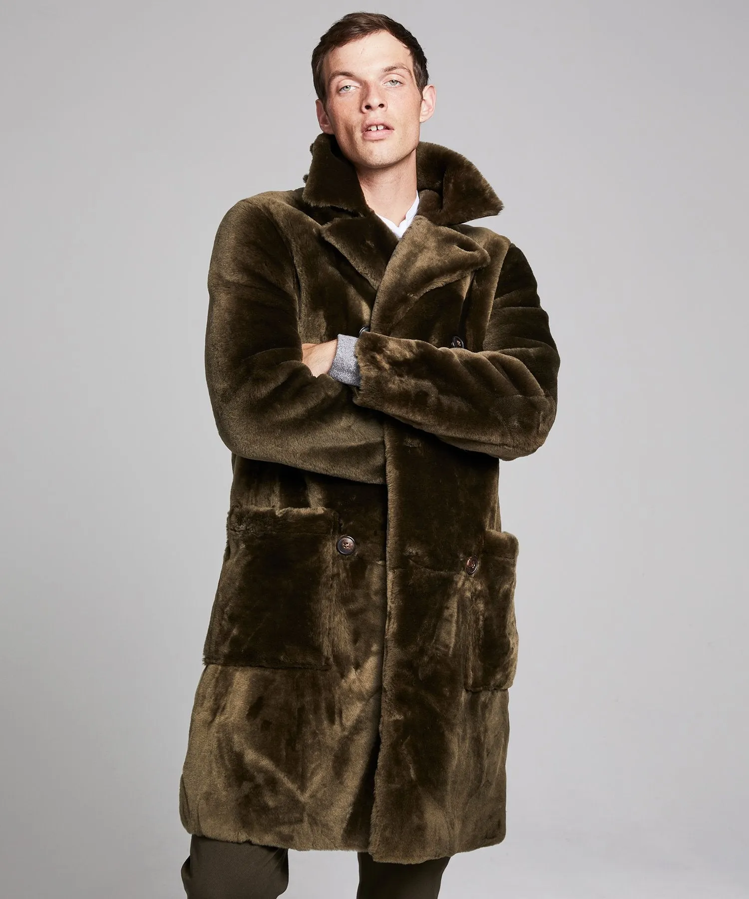 Shearling Double Breasted Topcoat in Olive