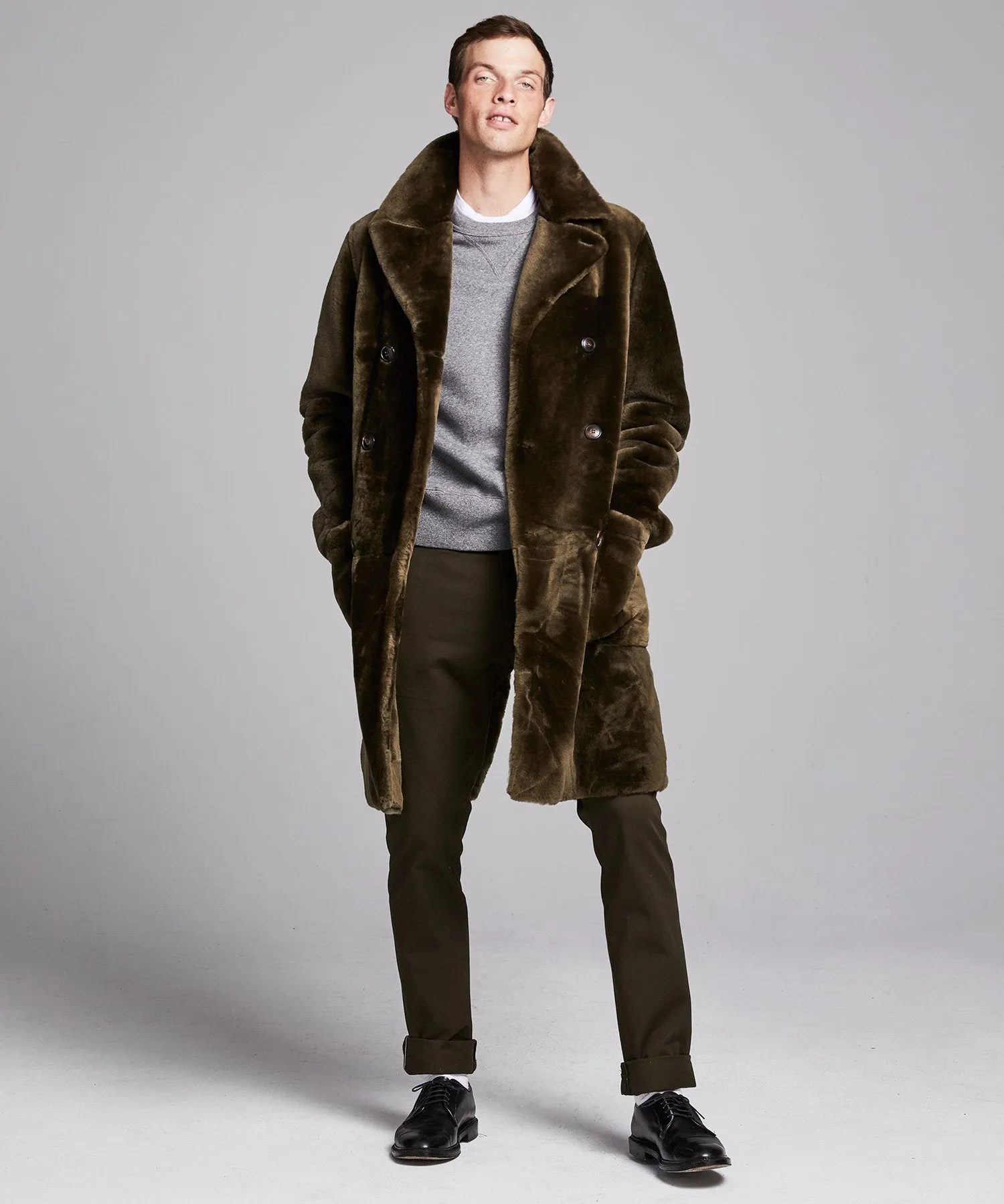 Shearling Double Breasted Topcoat in Olive