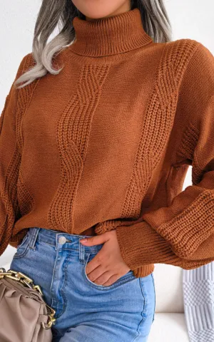 Solid Turtleneck Lantern Sleeve Cable Knit Sweater