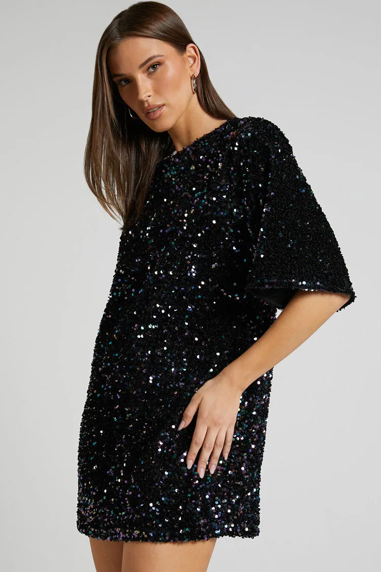 Sparkly Sequin Crew Neck Short Sleeve Oversized Velvet Party Mini Dress - Black