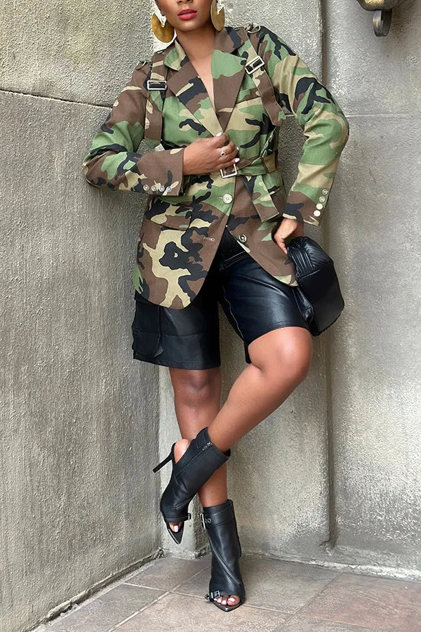 Stylish Camouflage Print Mid Length Trench Coat