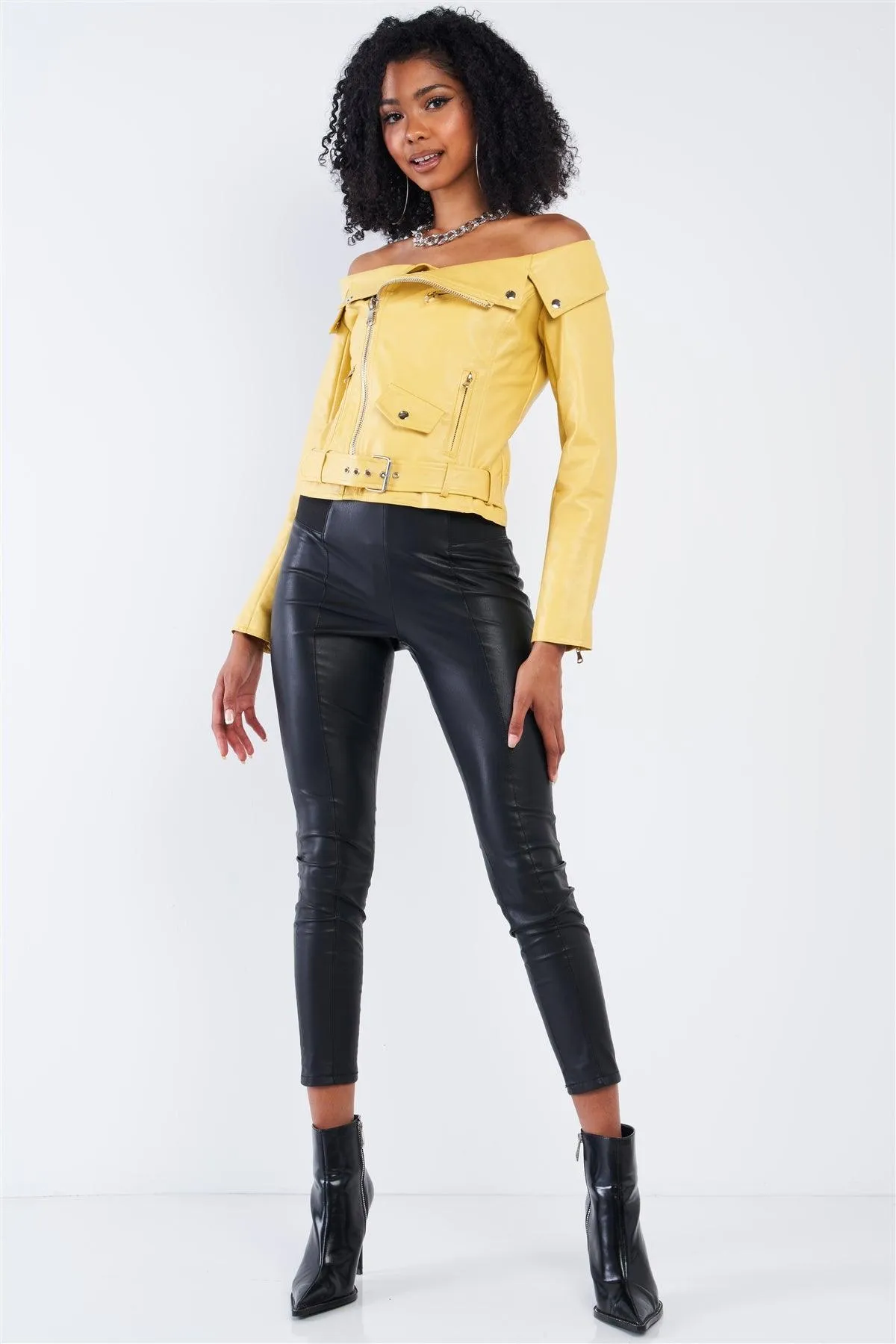 Vintage Yellow Vegan Leather Off-The-Shoulder Cropped Jacket