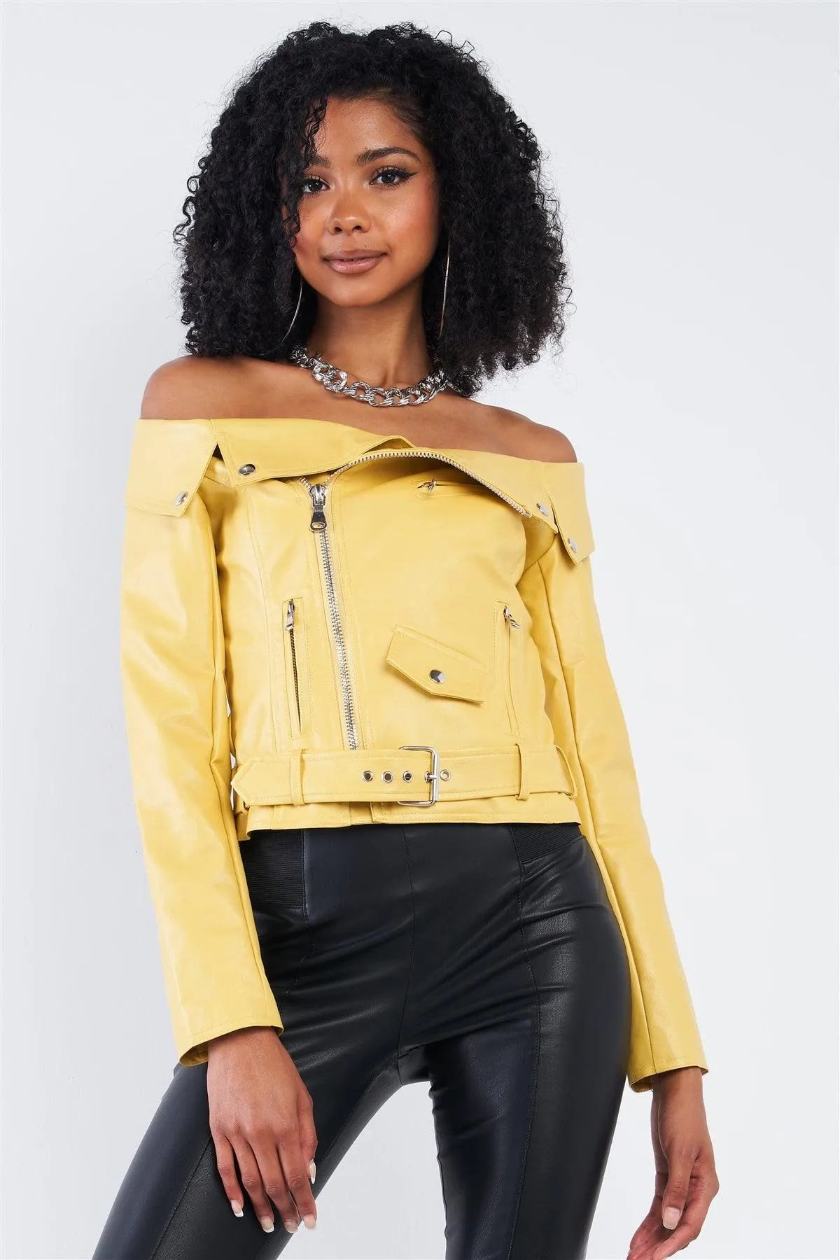 Vintage Yellow Vegan Leather Off-The-Shoulder Cropped Jacket