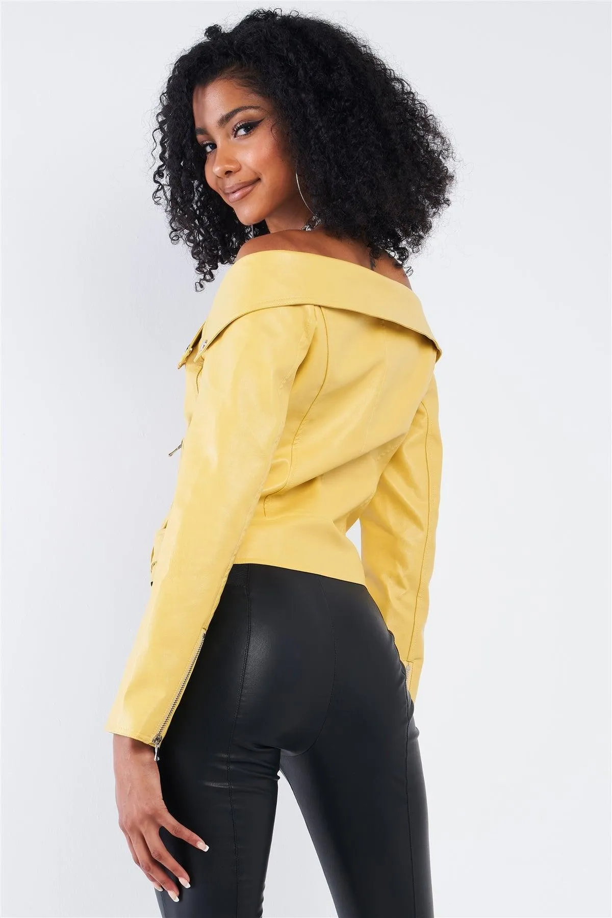 Vintage Yellow Vegan Leather Off-The-Shoulder Cropped Jacket