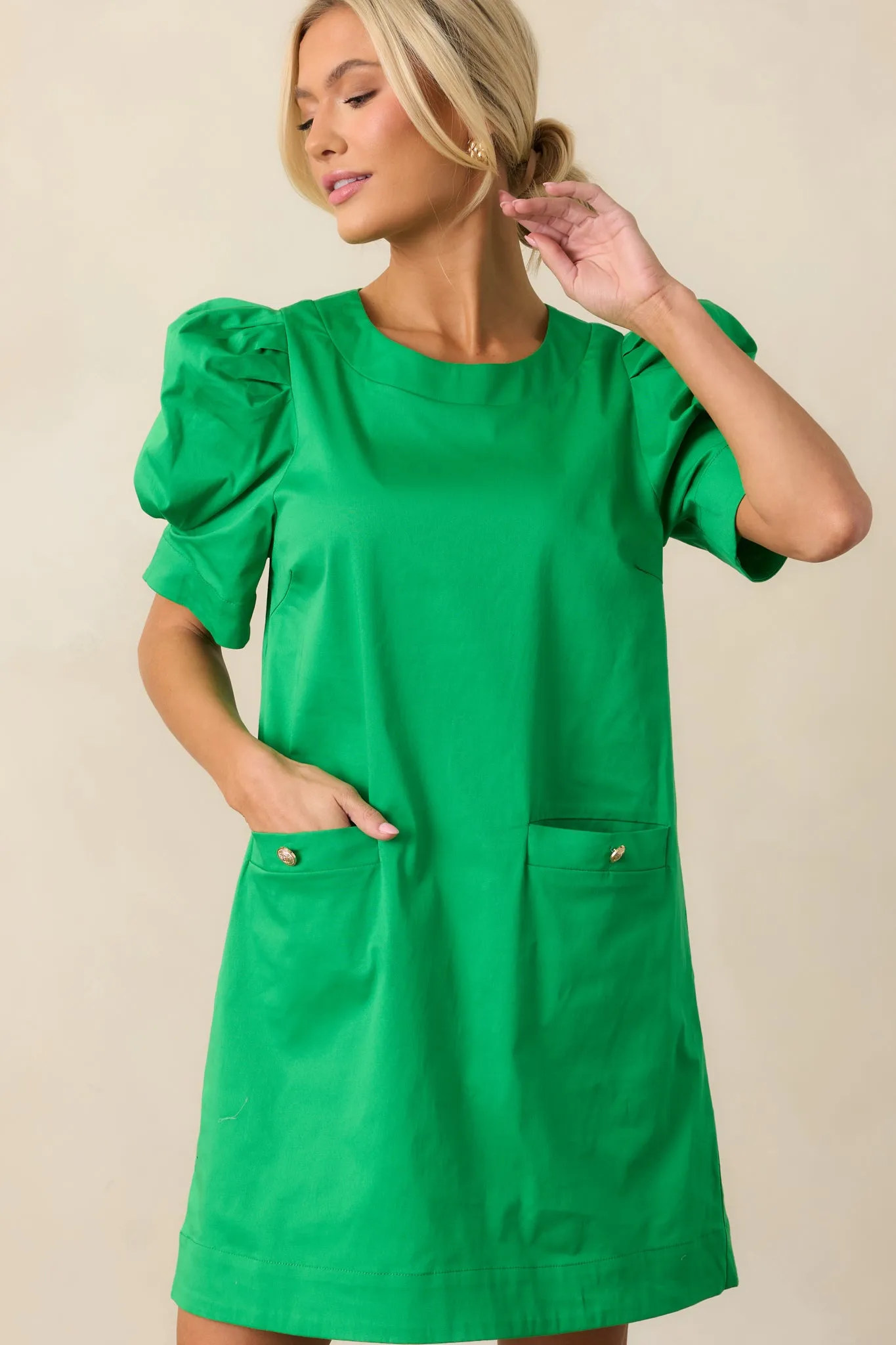 Wine Cellar Tour Cotton Green Puff Sleeve Mini Dress