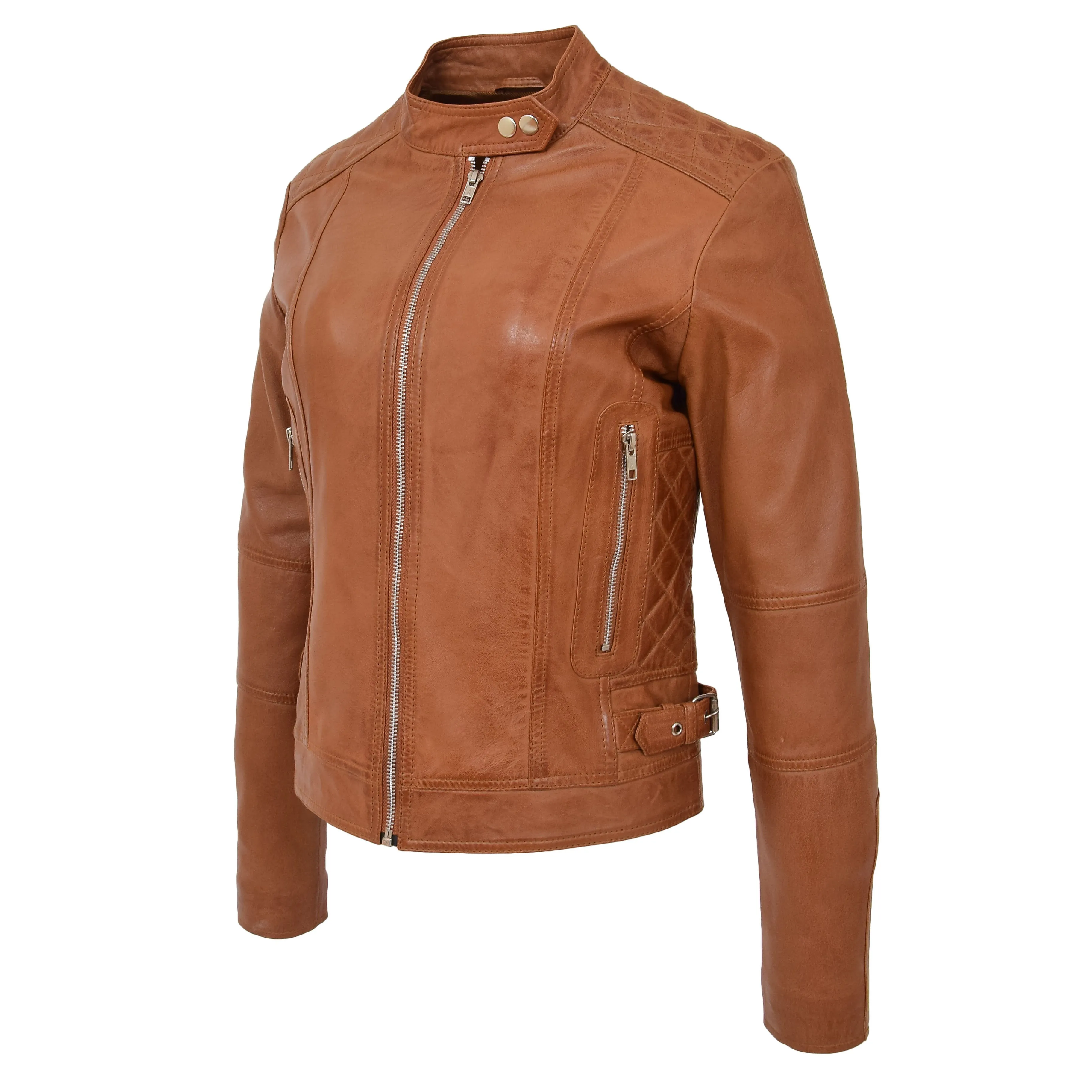 Womens Soft Tan Leather Biker Jacket Designer Stylish Fitted Quilted Celeste