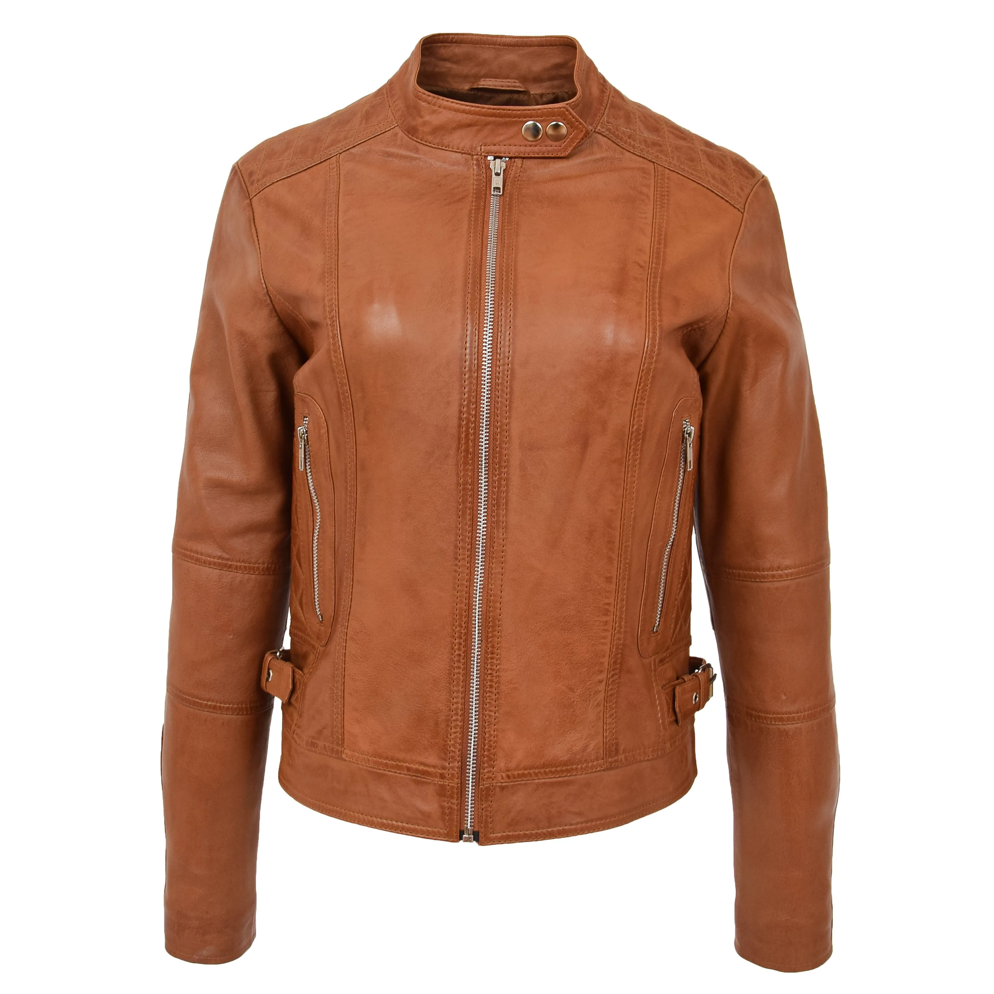 Womens Soft Tan Leather Biker Jacket Designer Stylish Fitted Quilted Celeste