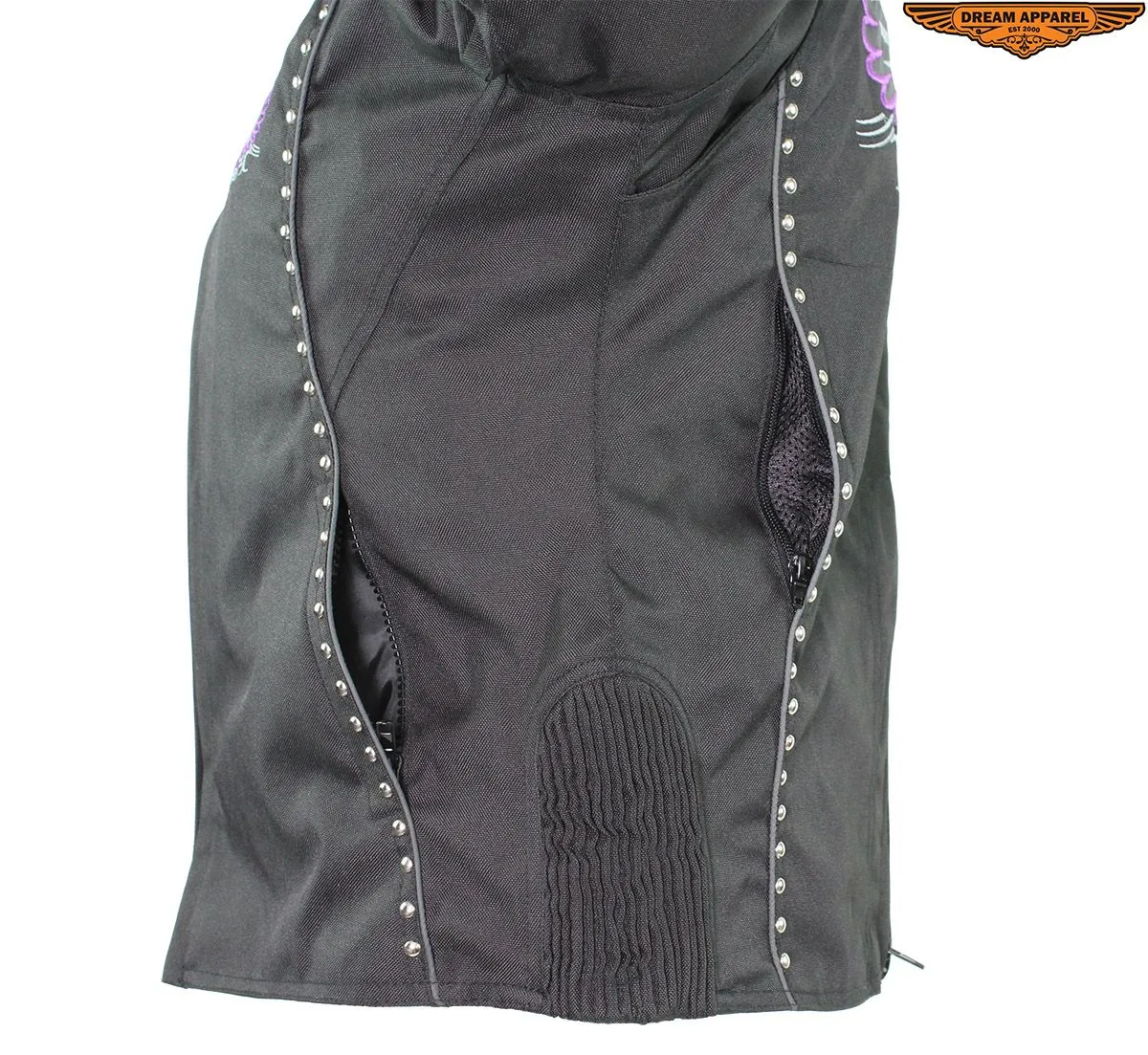 Women's Studed Motorcycle Textile Jacket With Purple Hoodie & Sull & Wings